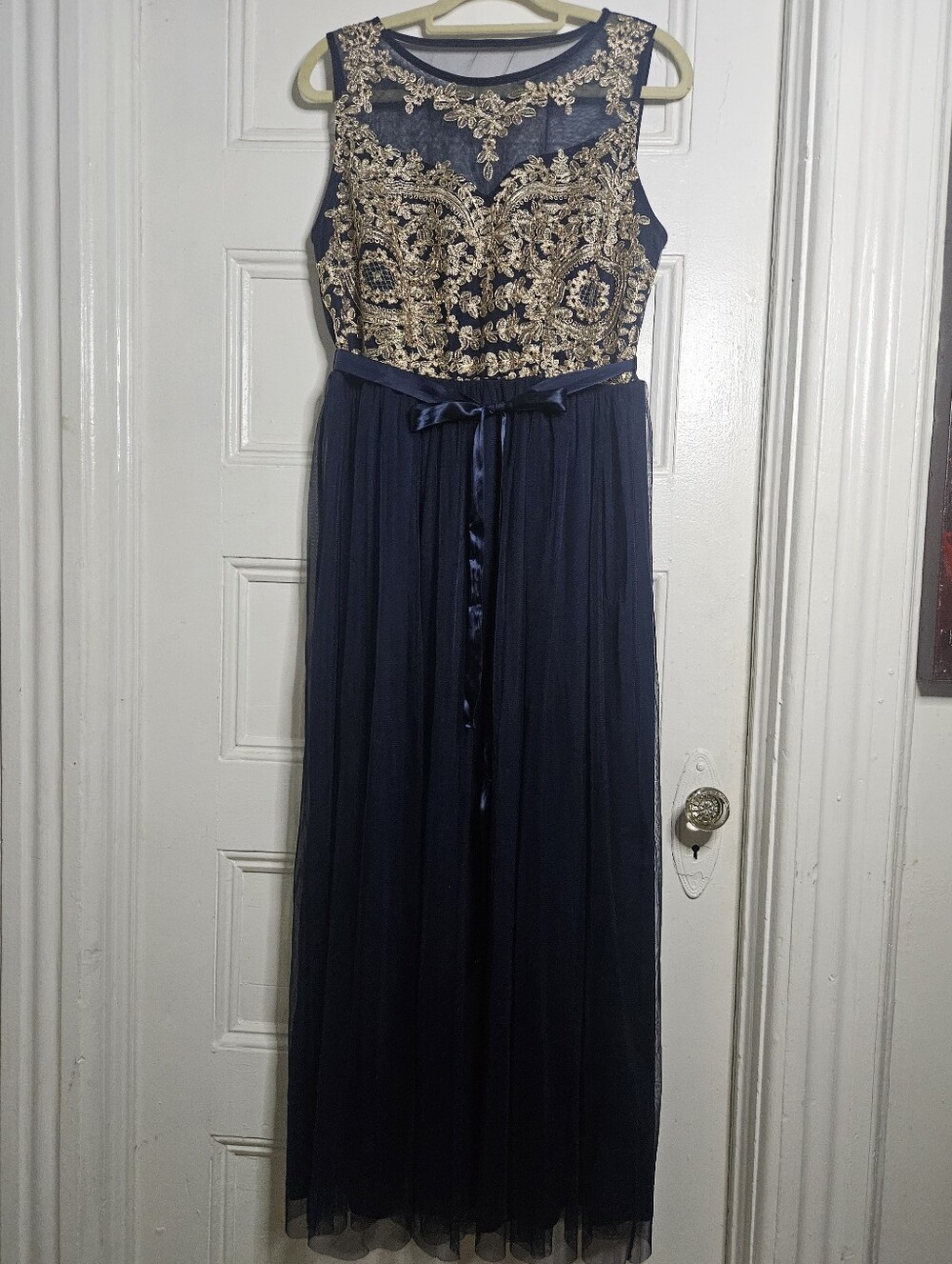 Navy Blue Maxi Dress with Gold Embroidered Bodice